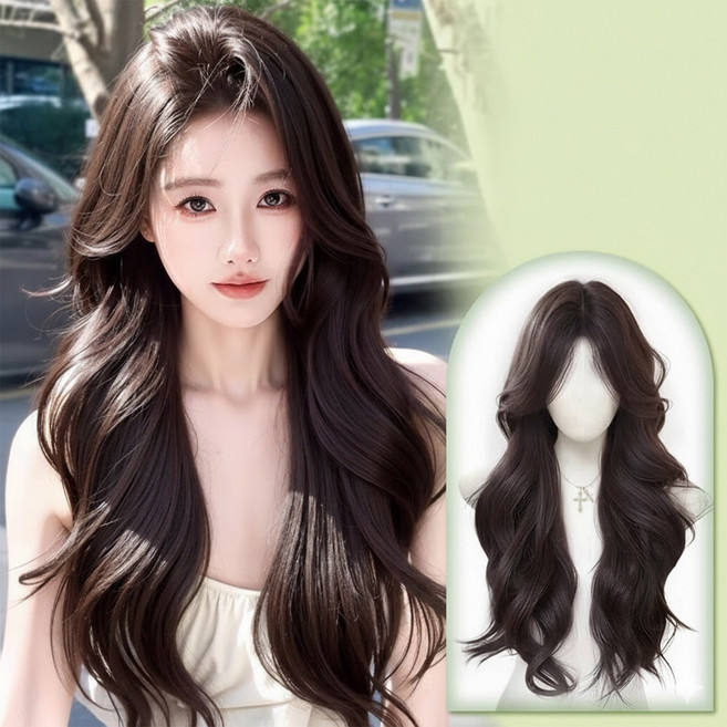 CIVILEE 자연스러운 여성 정수리 가발 긴웨이브 웨이브 앞머리 통가발, 1개, 갈색검정