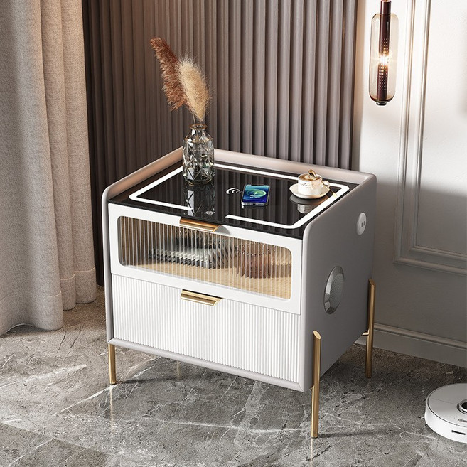 Tixpra 협탁 스마트 원목 모던 럭셔리 LED 스마트 라이트 USB+ 블루투스 스피커+무선충전 다기능 침대 옆 수납장 수납장, 1개, 짙은 회색45*40*52