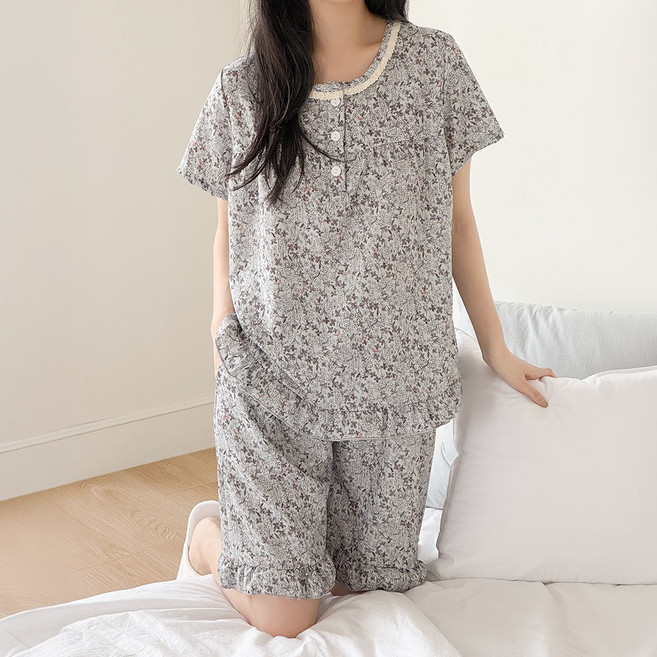 여성 라운드 레이스 플라워 반팔 잠옷 상하의세트