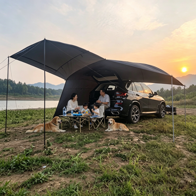 도킹 트렁크 쉘터 카텐트 도킹텐트 suv 차박텐트 세단겸용 카텐트, 4-6명, 블랙