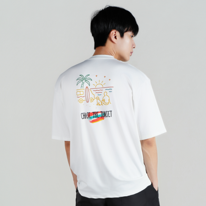 루나인 루즈핏 래쉬가드 반팔티셔츠 남자 여자공용, 썬셋-화이트