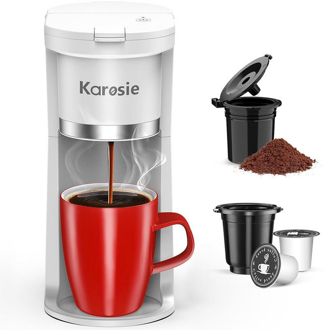 Karosie 소형 1인용 커피 메이커 K-Cup 및 그라운드 커피용 패스트 브루 170.1-354.9ml(6-12온스) 브루 사이즈 원 버튼 싱글 컵 석회 제거 알림이, Karosie 소형 1인용 커피 메이커, K-Cup 및