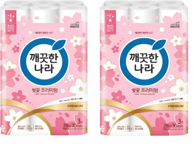 깨끗한나라 벚꽃 화장지 30롤 허브가든 3겹 28m 두루마리 휴지 물에잘녹는 무형광 프리미엄 1개