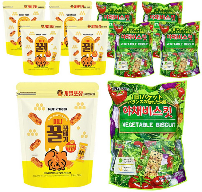 무직타이거 미니 꿀 꽈배기400g 5개+한진 야채 비스킷500g 5개 (총10개) 대용량옛날과자간식, 10개, 450g