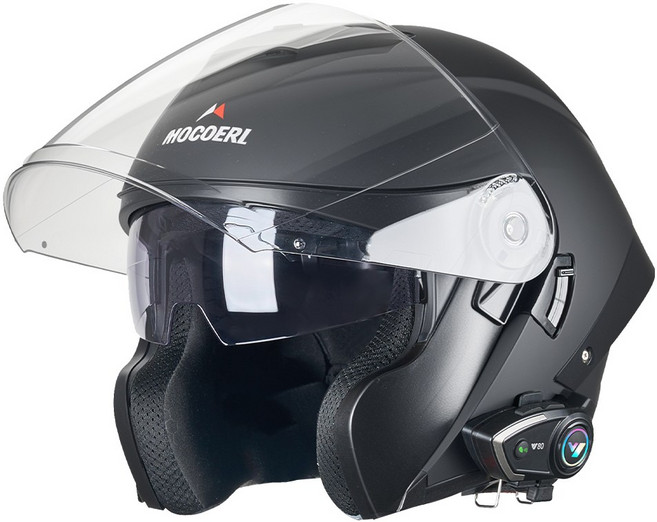 MOCOERL 오픈페이스 헬멧 Y80 블루투스 오토바이헬멧 경량 바이크헬멧 투명실드 헬멧 날개 어반헬멧 안전모 통풍, 블랙