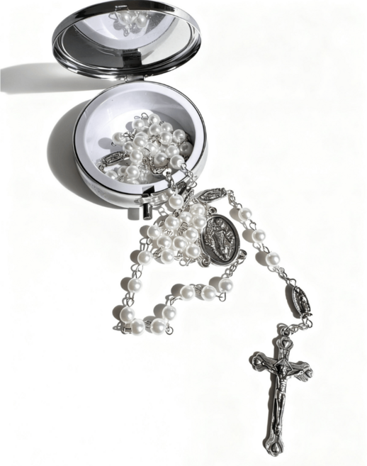 가톨릭 성모 유리 진주 묵주 목걸이+보관 케이스, 화이트, 1개