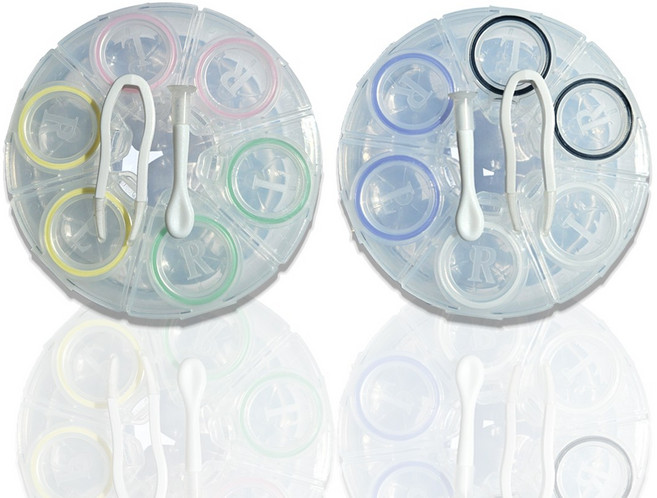 투명칼라 다용도 대용량 깔끔한 원형 렌즈케이스 핑크+블랙 2종 휴대용 소프트 하드 콘택트 원데이 렌즈집게 흡착봉 렌즈보관함 렌즈통, 2개, 멀티