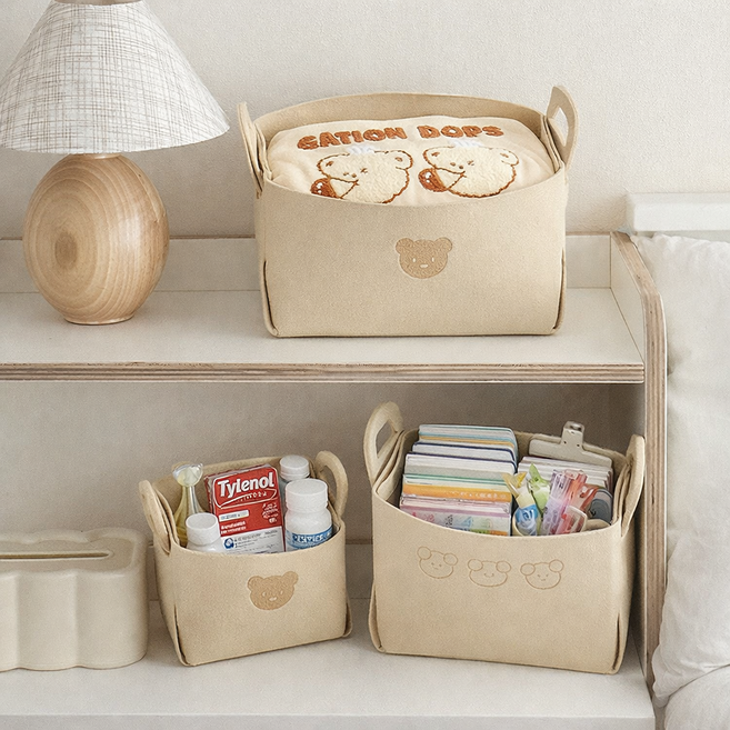 나띵베럴 접이식 곰돌이 펠트 다용도 수납바구니 3종 세트, 베이지, 1세트