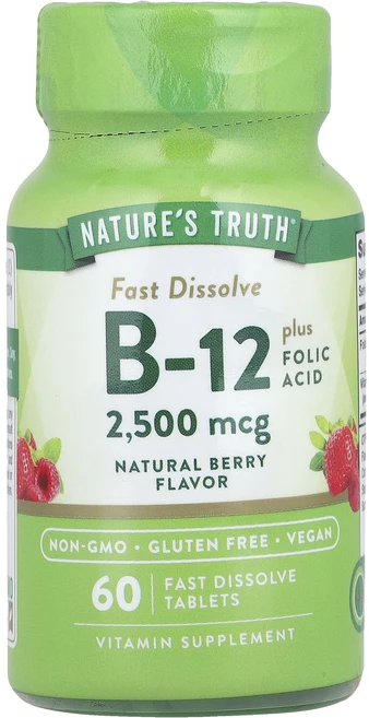 네이쳐스트루스 비타민 B-12 플러스 폴릭 에시드 내추럴 베리 2500 mcg 60 Fast Dissole 정, 4개, 60정 - 쿠팡