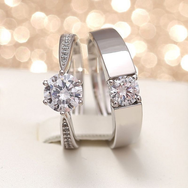 FANSYLI 결혼 반지 큐빅 커플 반지 1쌍 심플 은도금 프러포즈 반지 사이즈 조절 가능 큐빅 반지 W2503M0505
