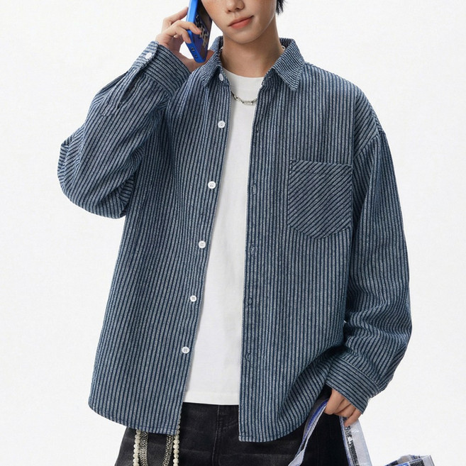 하울맨 남성 스트라이프 빅사이즈 워싱 데님 셔츠