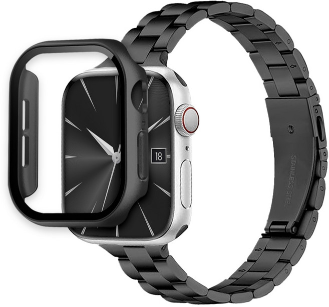 티엑스엘엑스 애플워치 슬림 메탈 스트랩 풀커버 케이스 세트, 블랙, 1개