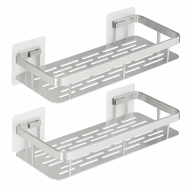 젠슬리 무타공 물빠짐 틈새 욕실선반 일자형 1+1 (블랙/실버), 실버 SET