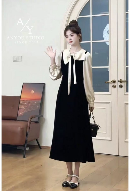 ANYOU 여성 롱원피스 데일리 편안 긴팔원피스 춘추원피스 리본 빅사이즈원피스 하객룩 오피스룩