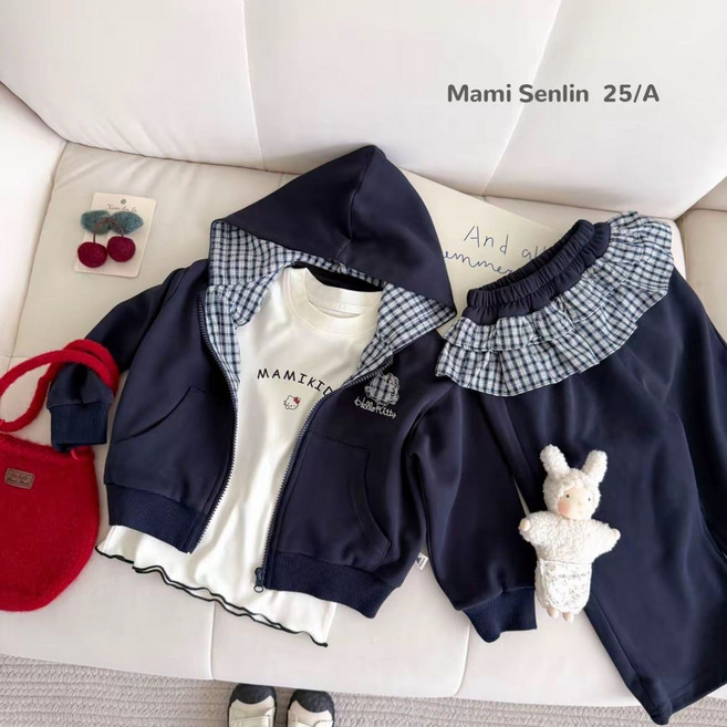 헬로키티 여아 캐주얼 상의 아동 긴팔티 후드 코트 바지 스리피스 세트+준펑이커머스 머리끈