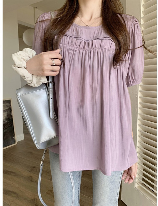 부엉구구 OW0255A 여성 여름 루즈핏 빅사이즈 셔링 프릴 라운드넥 벌룬 셔츠 블라우스