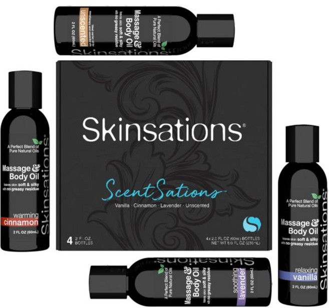 Skinsations 스킨세이션 - 마사지 오일 키트4개 세트 달콤한 아몬드 분획 코코넛 포도씨 및 호호바 오일을 혼합한 바닐라 계피 라벤더의 천연 향 바디
