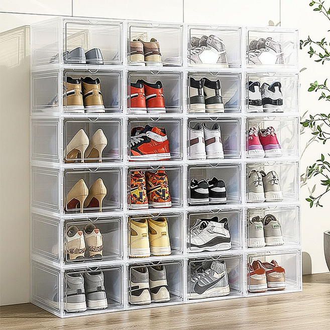 타오진 다용도 아크릴 신발정리함 진열장 보관함 두꺼워진 신발 케이스 접이식 수납 서랍형 신발장 공간 절약, 24개, 흰색 , 측면 개폐