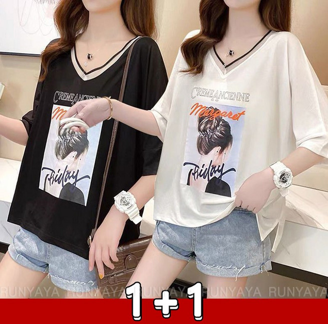 1+1 브이넥 반팔 티셔츠 여름 티셔츠 슬림 캐주얼 여성티 면티 빅사이즈 얇은 반팔티 맨투맨티셔츠 D99U