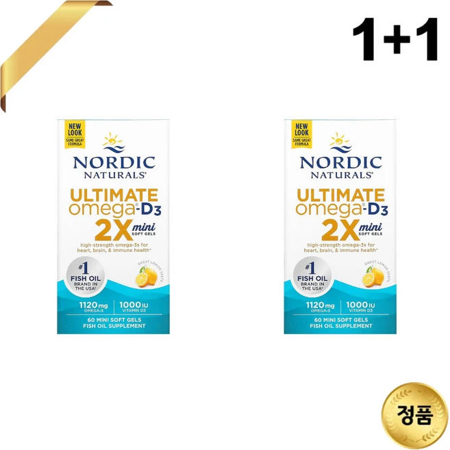 1+1 노르딕 내츄럴스 오메가3 1120mg 60 미니 소프트젤 레몬맛 비타민D3, 60정, 2개 - 쿠팡