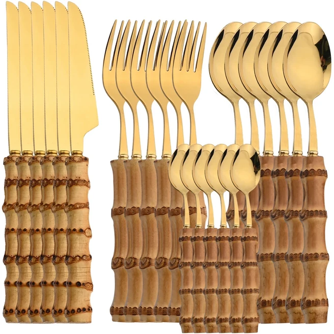 24Pcs 식기 세트 대나무 손잡이 스테인레스 스틸 칼 붙이 크리 티브 나이프 거울 Flatware, 1개