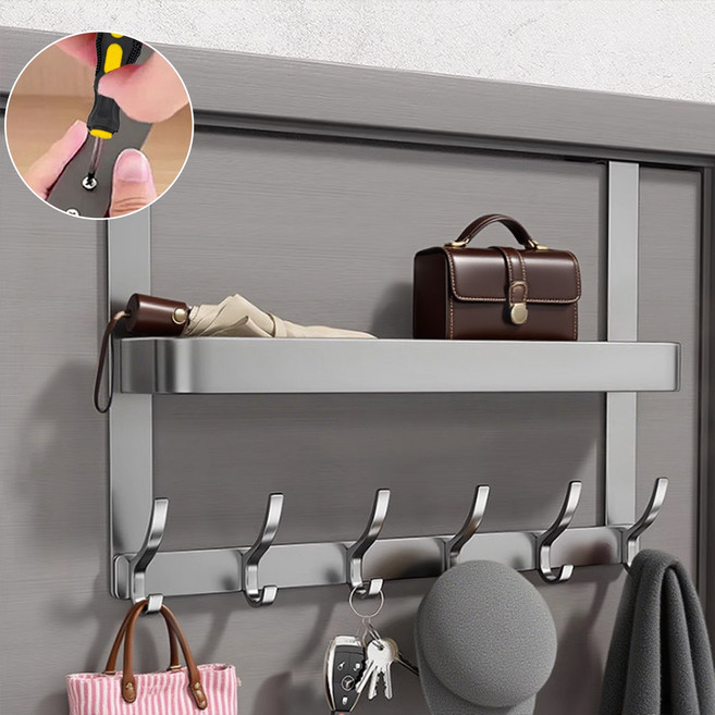 Flyaiku 문걸이 도어행거 무타공 옷걸이 선반 세트 현관 발코니 수납 다용도 도어훅 12구 16구 38cm 52cm, 다크 그레이-6구, 1개