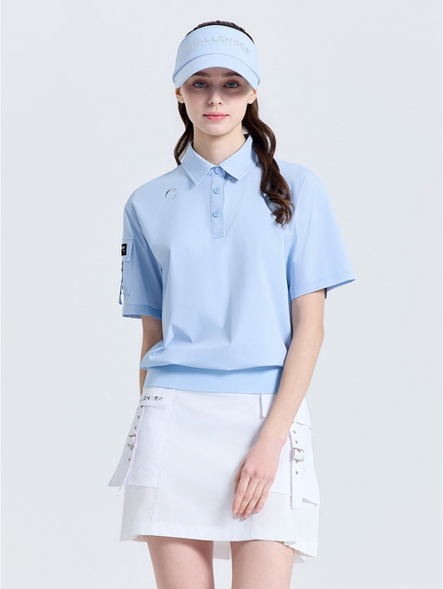 챌린저 여성 모던한 제로라이트 등판 트임 카라 편안한 반팔 우븐탑 (스카이블루)