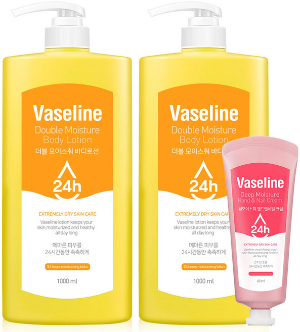 바세린 더블 모이스춰 바디로션 1L 2개+ 핸드크림 60ml 1개