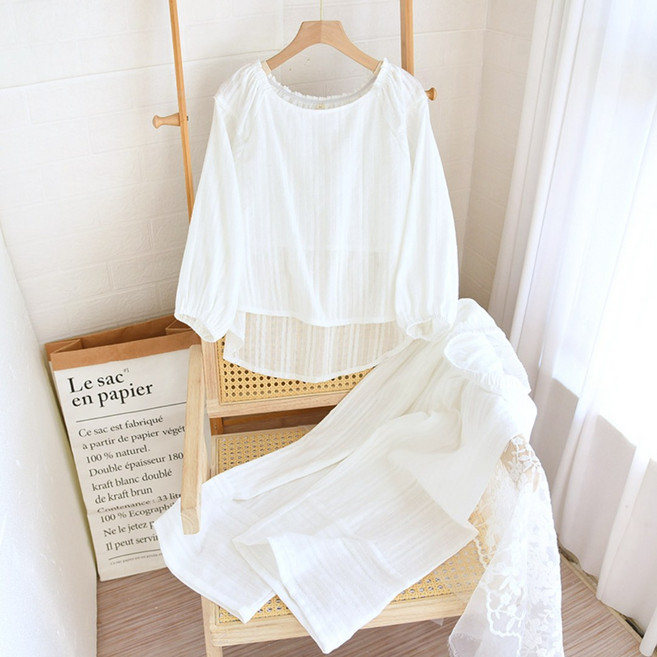 아르앤유 여성 순면 파자마 홈웨어 화이트 상하세트 여름 잠옷