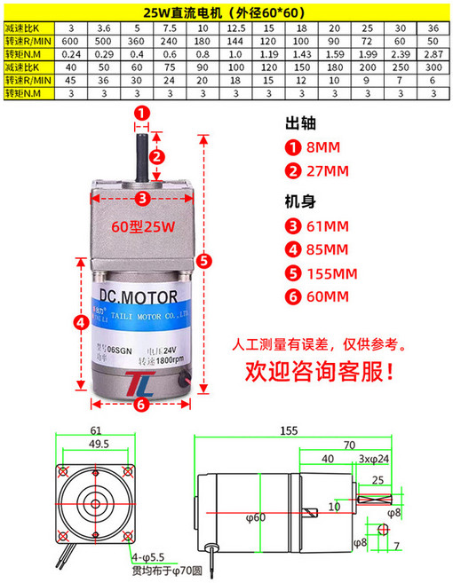 臺力 直流有刷減速電機 200W (90*90mm), 1個, 60型25w,DC 12v（下標備註轉速）
