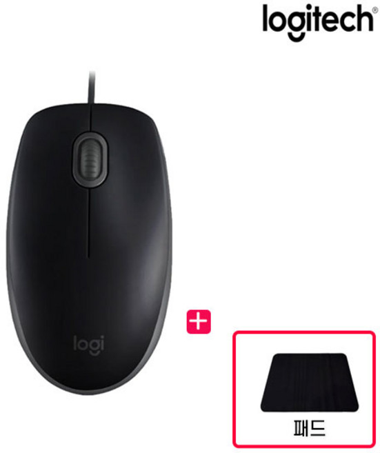 로지텍코리아 M110 + 마우스패드 사무용 저렴한 무소음 유선 마우스, 블랙, M110+패드
