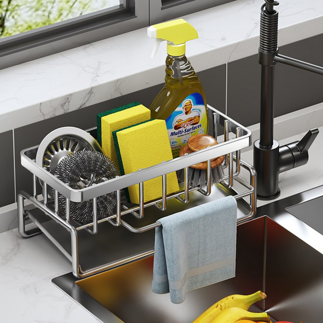 304 스테인레스 싱크대 캐디 자동 물빠짐 수세미 거치대 행주걸이 세제선반, 1개, 스테인리스
