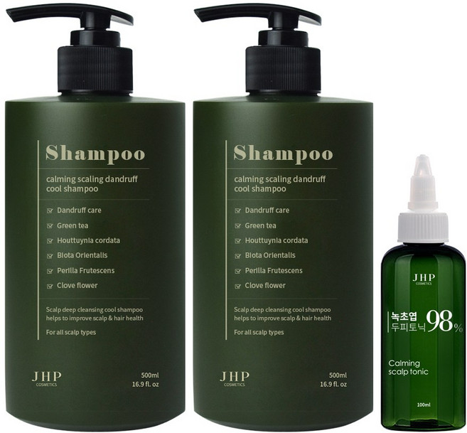 제이에이치피 녹초엽 지루성 두피 스케일링 비듬 쿨 샴푸 500ml x 2개 + 두피토닉 100ml x 1개 세트