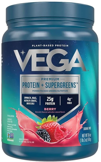 Vega Protein AND & GREEN 그린s 단백질 파우더 믹스 베리 (11회분) 25g 식물성 플러스 채소 비건 GMO 프리 여성 및 남성용 완두콩 단백질 45, Mixed Berry, 510g - 쿠팡