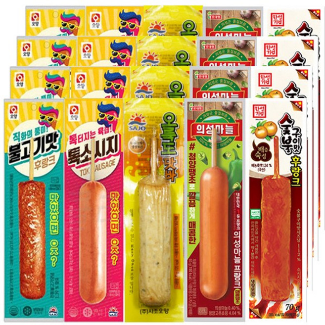 [다만세푸드] 의성마늘프랑크 매콤4+불고기맛후랑크4+톡소시지4+오륙도맛바4+숯불구이후랑크4 70g 20개/편의점 핫바 후랑크 소세지
