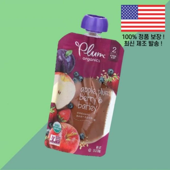플럼 오가닉 이유식 6개월 이상 사과 애플 자두 베리 보리 3.5온스 99g Plum Organics Organic Baby Food 6 Mos Up Apple Berry Ba, 1 - 쿠팡