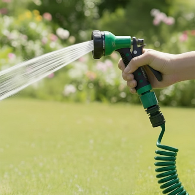 코일호스 7기능 물분사기 정원 마당 베란다 물청소, 혼합색상, 1개, 15M