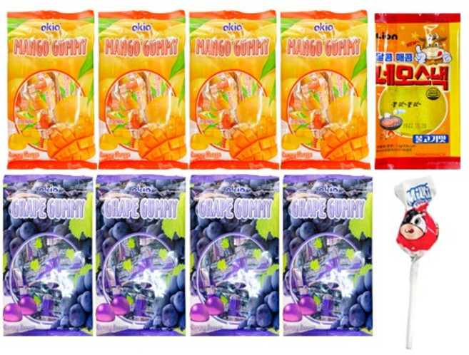 오키오 그레이프 구미 젤리 4봉 + 망고 구미 젤리 4봉 + 달콤 매콤 네모스낵 불고기맛 +밀키타 어쏘티드 밀크 롤리팝, 1세트, 882g