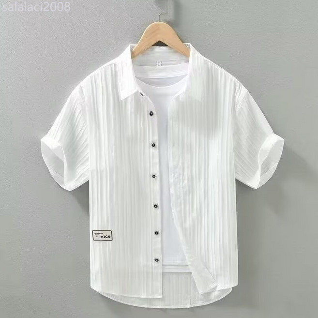 夏季男士短袖襯衫休閒寬鬆泡泡紗透氣冰絲防曬襯衣，舒適潮流之選