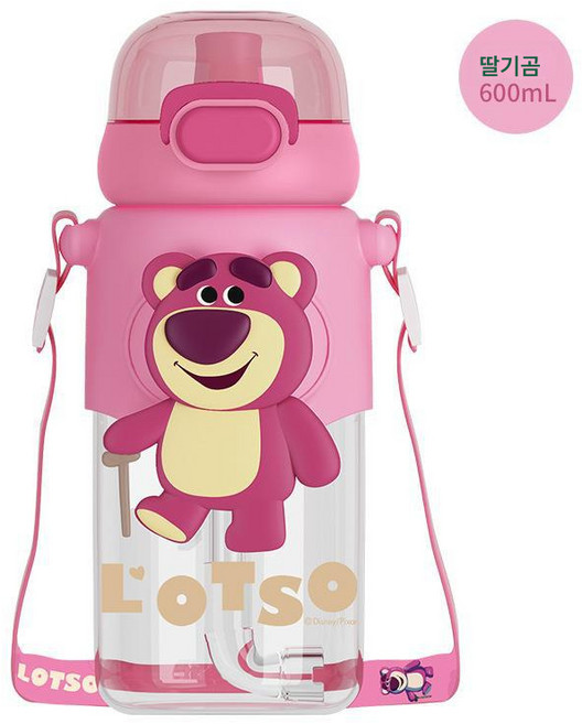 러블리 물컵 여자 여름 비주얼 빨대 휴대용 등교 컵, 딸기 곰, 600Ml, 1개