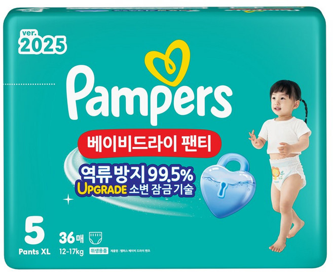 팸퍼스 베이비 드라이 아동공용 기저귀 팬티형, 5단계, 36매