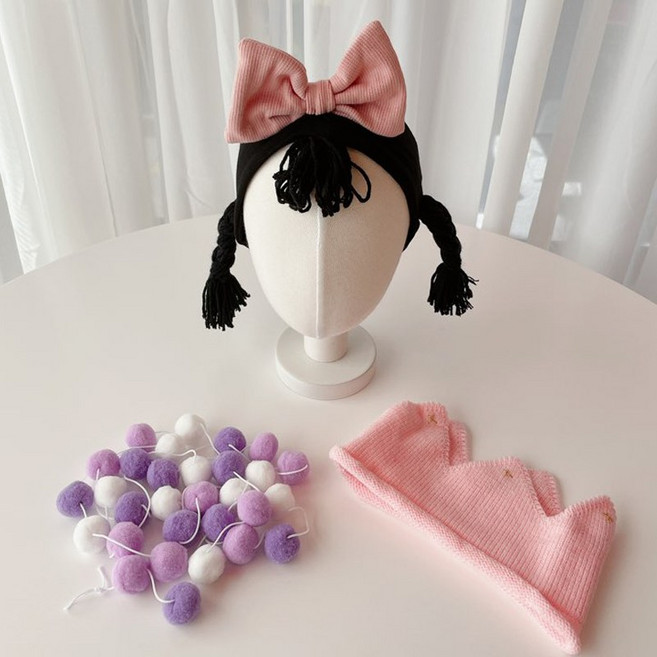 아기 백일 촬영 소품 위그햇 가발머리띠 왕관 헤어밴드 폼폼 가랜드 세트