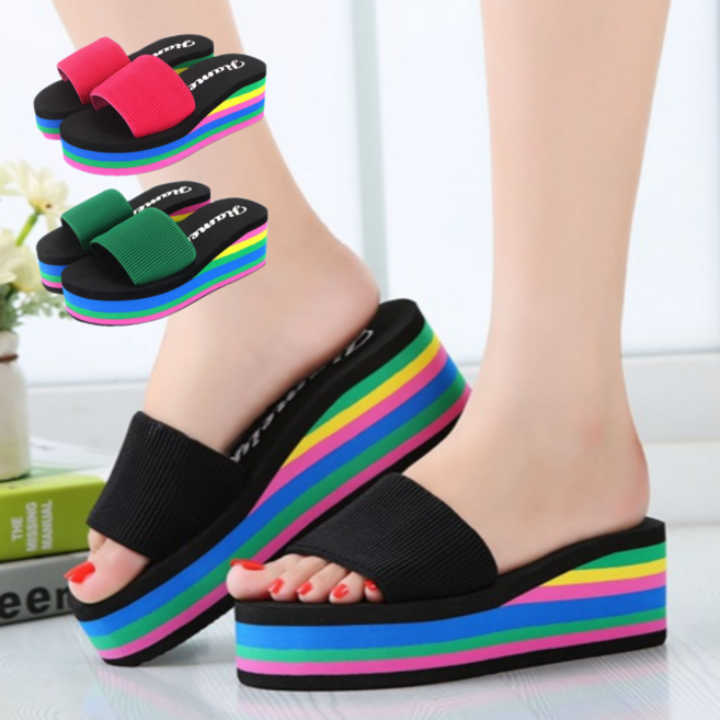 [뷰링] 여성 레인보우 통굽 슬리퍼 6.5cm