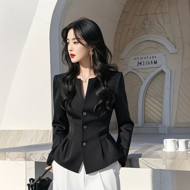 AOKADA 여성 봄 가을 슬림핏 브이넥 플리츠 프릴 오핏스룩 정장룩 블라우스 자켓