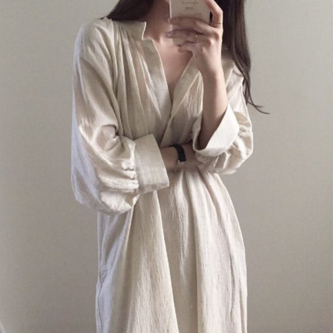 아이엠몽 여성 브이넥 카라 리넨 셔츠 롱 원피스
