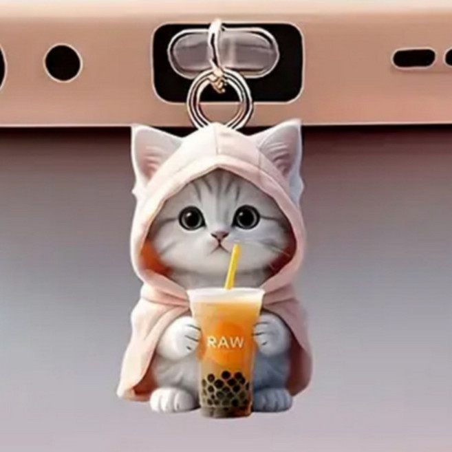 구해바 C타입 충전단자 보호캡 휴대폰 먼지차단 마개 고양이 강아지 키링 1+1, 2개, 후드 고양이 핑크