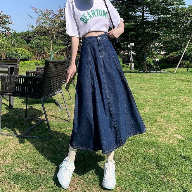 牛仔裙女 中長款夏季薄款高腰寬鬆鬆緊腰A字傘裙