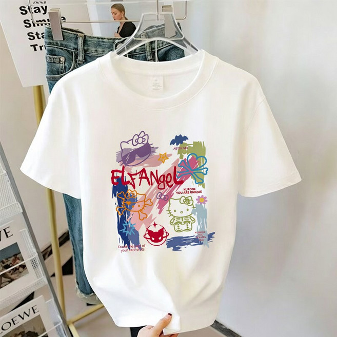 FONOW 반팔면티 순면 100% 여성티셔츠 루즈핏 반팔티셔츠 빅사이즈 패션여성티셔츠 편하고 통기성이 좋은 여름 캐주얼 라운드티 캐릭터 그래피티 고양이 프린트 디자인 빅사이즈여성쇼