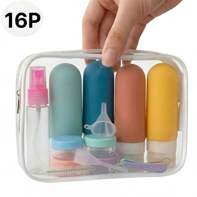 퍼플캣 실리콘 여행용 공병 세트 기내 반입 화장품 용기 샴푸 통 소분용기 16종, 1개, 혼합색상