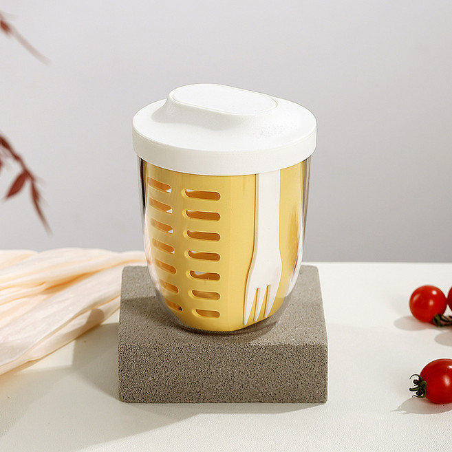 라파노 건강한 다이어트 과일컵 물빠짐 후르츠팟 도시락통+포크 세트, 1개, 버터옐로우